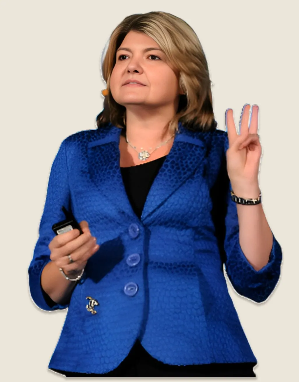 Sandy Carter presenting in a blue blazer
